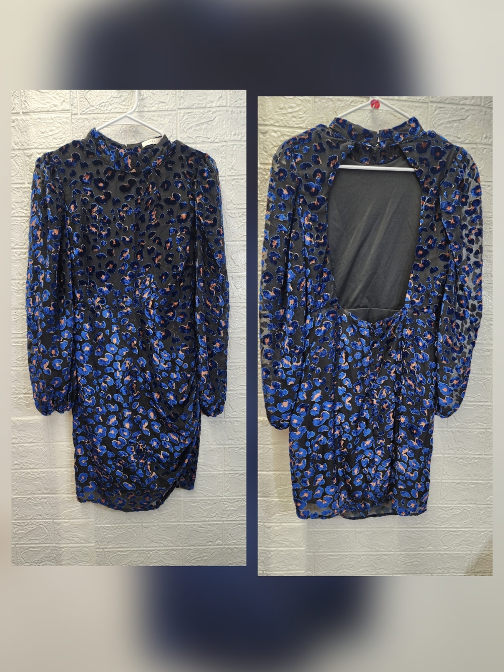 Lush Blue and Black Floral Velvet Backless Mini Dress